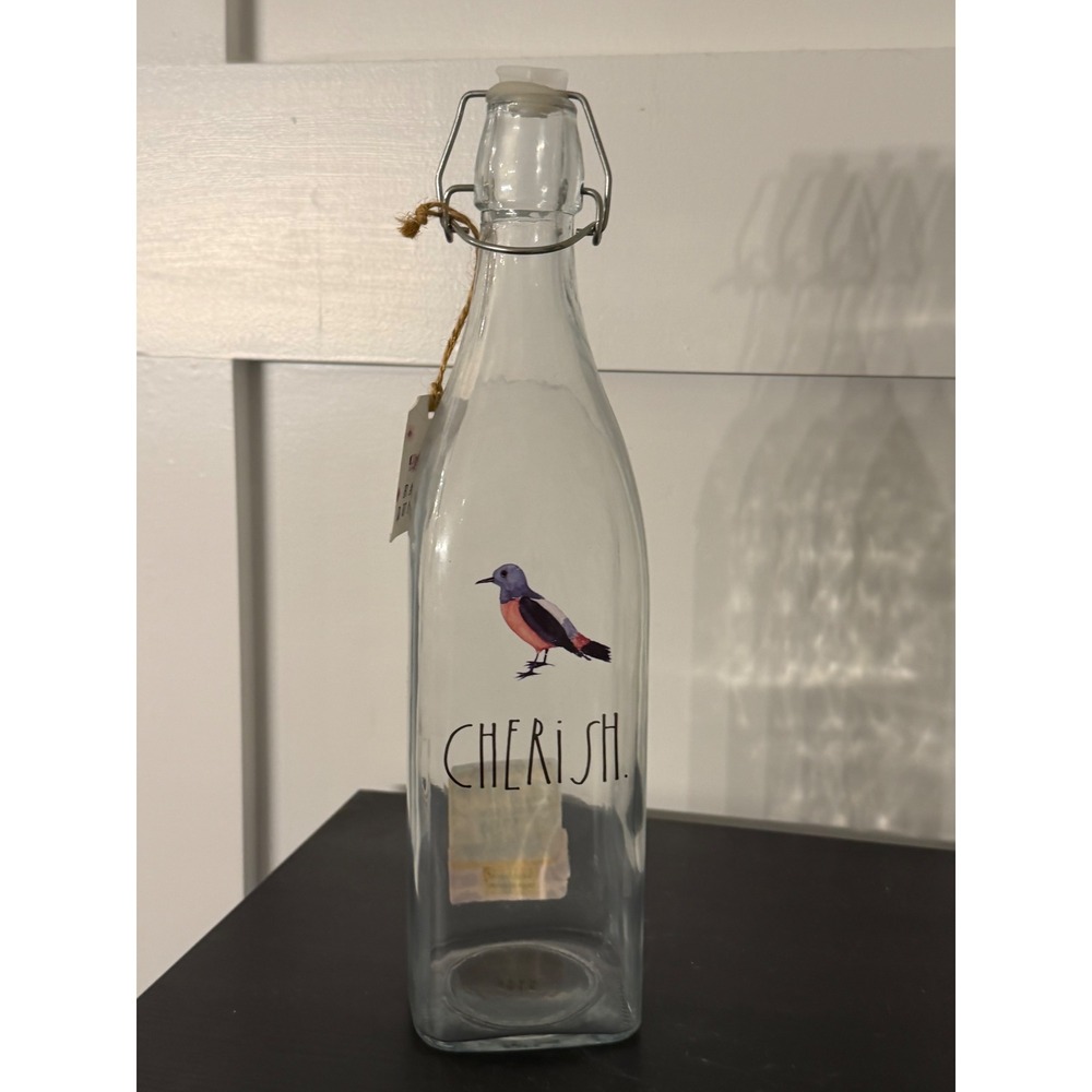Rae Dunn Cherish Bird Glass Swing Top Bottle Clear Farmhouse Decor Water Carafe